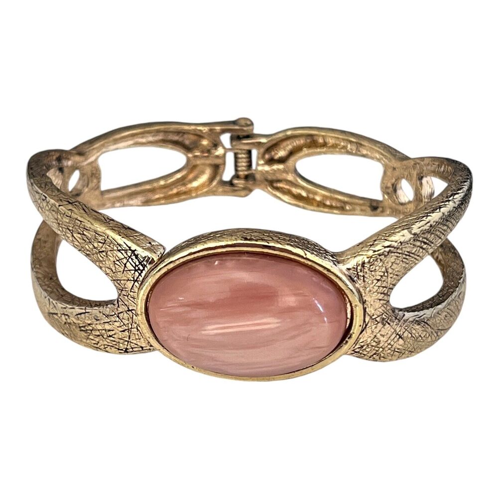 New Hinged Bangle Bracelet Pale Pink Iridescent Stone Gold Tone - 8U